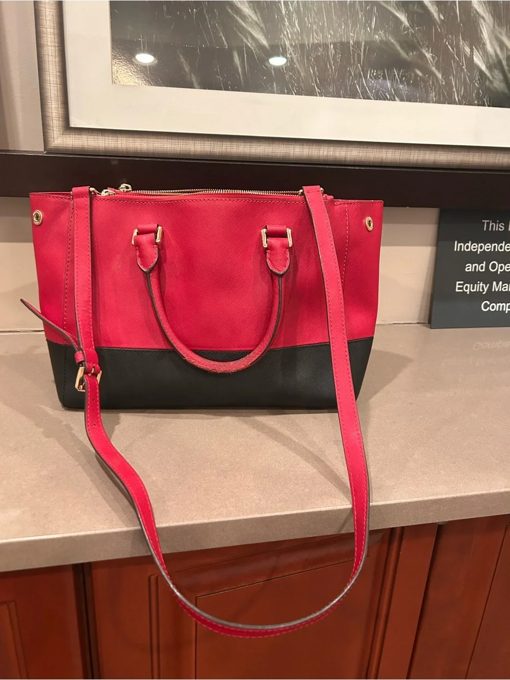 Michael Michael  Kors Red and Black Two-Tone Saffiano Satchel with Gold Hardware - Picture 6 of 11